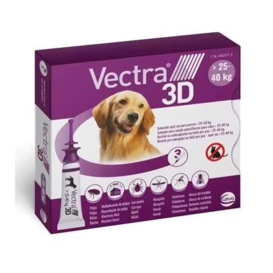 Vectra 3D – Antiparazitar Extern pentru Câini între 25–40 kg, 3 Pipete – Ceva Santé Animale